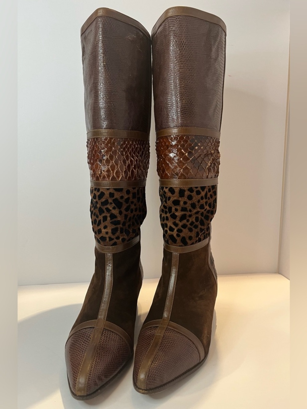 Vintage Nando Muzi Italian Boots – Exotic Leather Patchwork, Python/Lizard, 6.5
